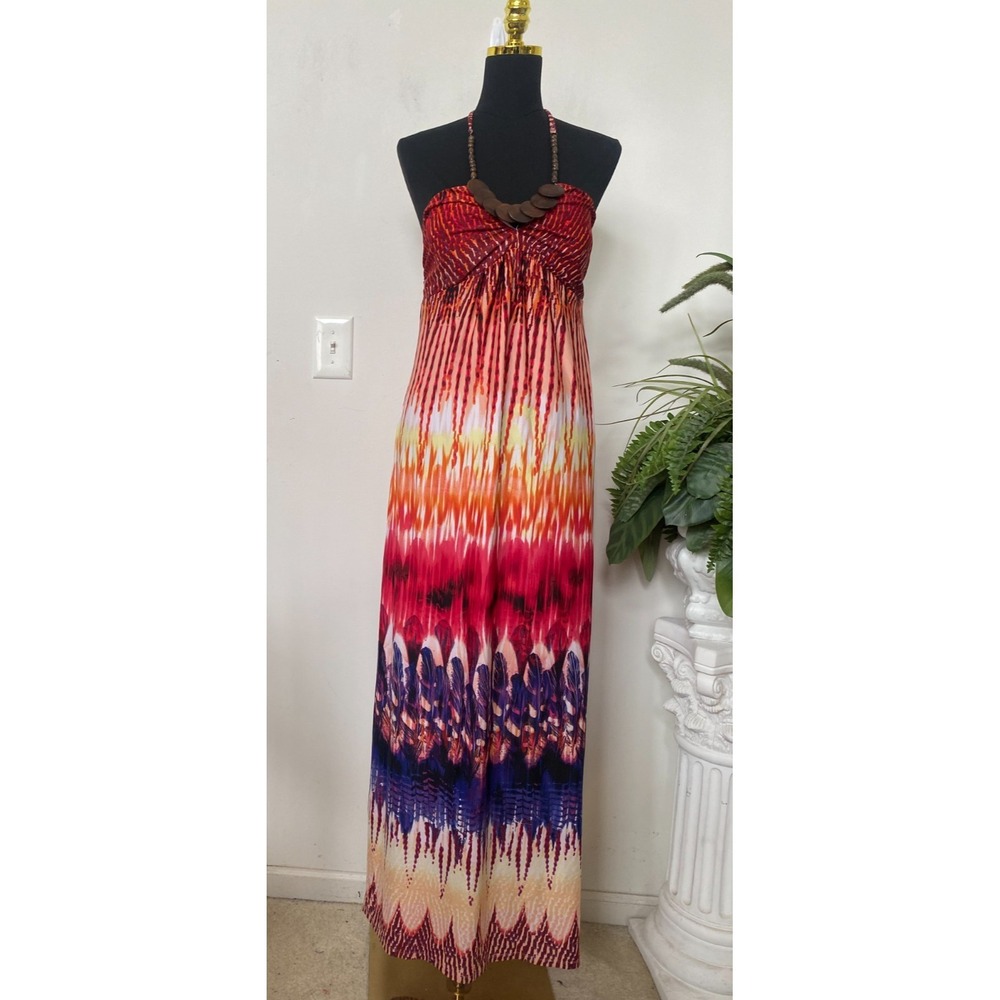 New Heart Soul Women's Beaded Neck Aztec Boho Halter Maxi Dress‎ Size L, $98